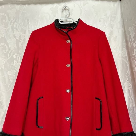 London Fog ZENA Candy Red Black Leather Trim Wool Clasp Snap Button Up Pea Coat - Picture 6 of 13